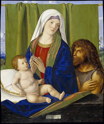 ジョバンニ・べッリーニと工房（ニコロ・ロンディネッリ？）「聖母子と洗礼者ヨハネ」1500年頃の画像