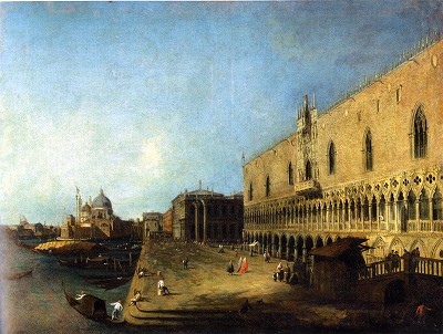 カナレット「パーリア橋からの眺め、埠頭とパラッツツォ・ドゥカーレ」1725年の画像