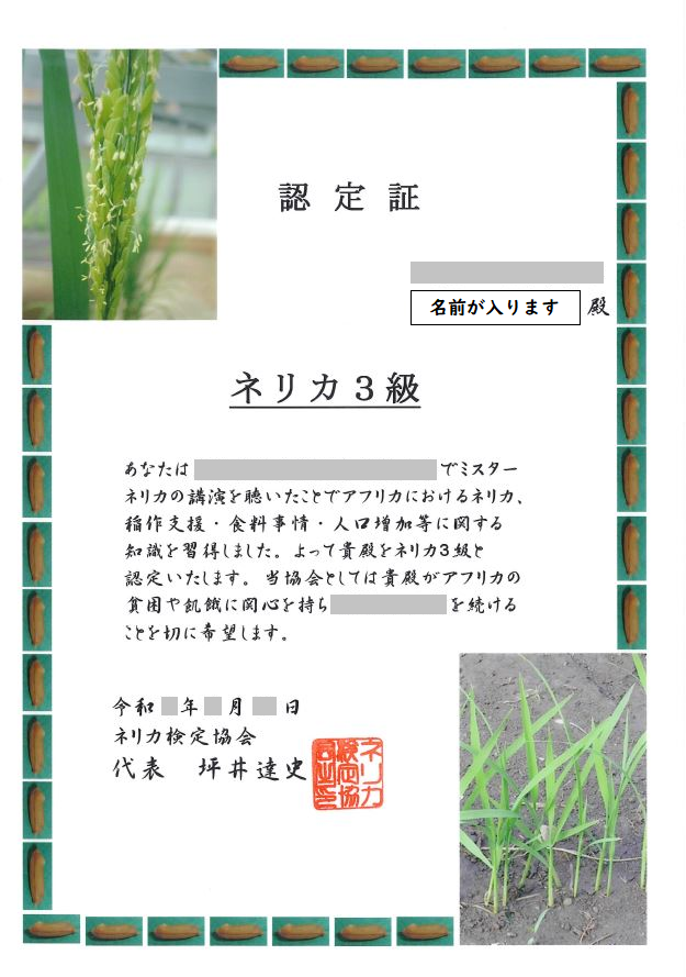 ネリカ認定証見本