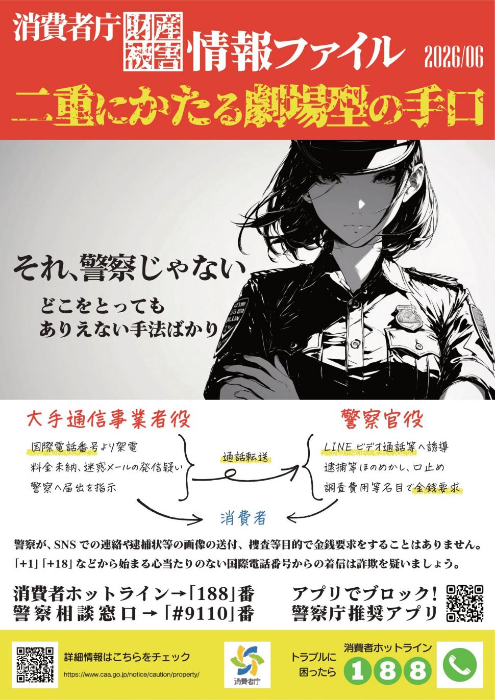 大手電気通信事業者の名称や警察をかたり、「逮捕状が出ている」などと告げ、架空の事務処理費用等を要求する事業者に関する注意喚チラシ