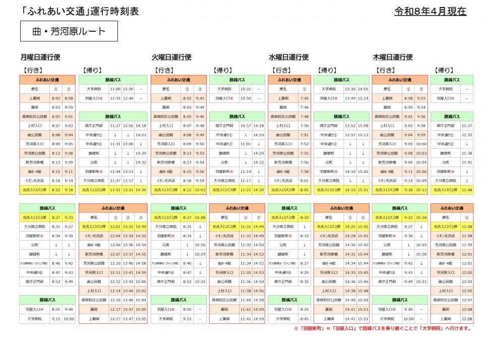  （ふれあい交通）曲・芳河原ルート運行時刻表