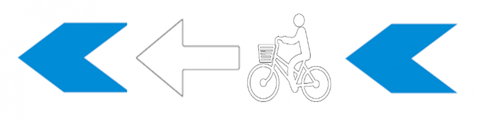 誘導サインのデザイン図。青色の矢羽根型の矢印と、自転車のマークで表示しています。