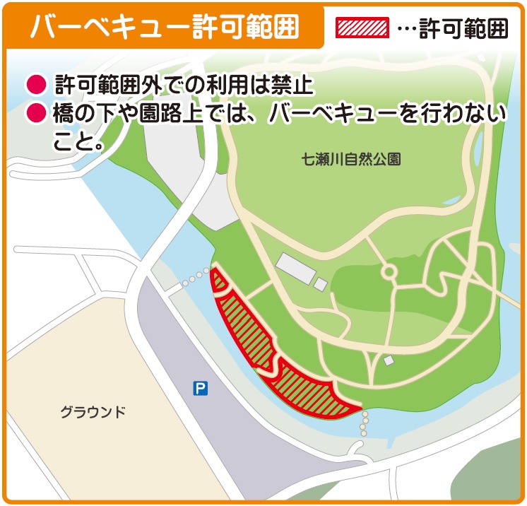 七瀬川自然公園バーベキューエリア利用可能な範囲の地図