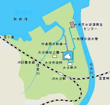 弁天水資源再生センターと大分城址公園の位地図の画像