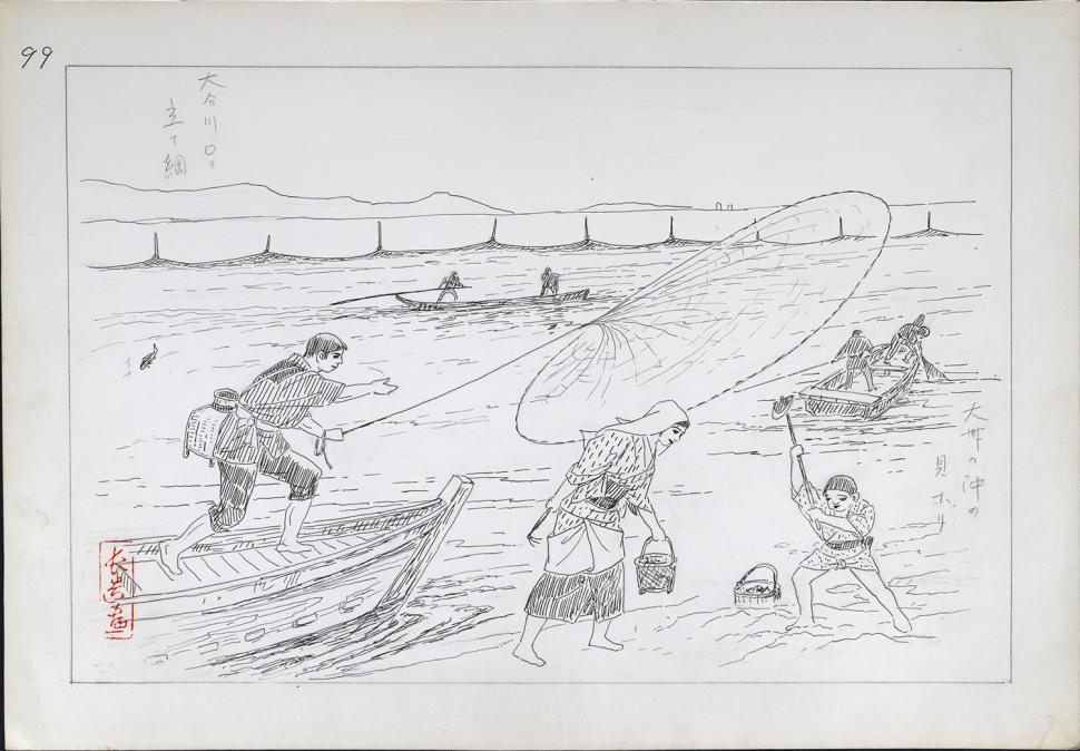 大分川の立て網・大須の貝堀り（大分市歴史資料館蔵）